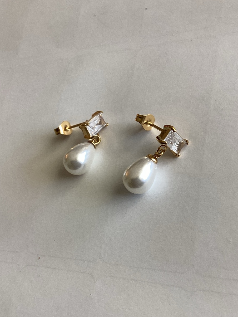 Gold-Tone Pearl Drop Earrings with Clear Crystal Stud